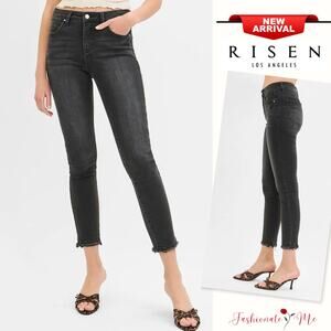 RISEN Tummy Control Mid Rise Waist Raw Hem Zip Fly Black Crop Skinny Denim Jeans